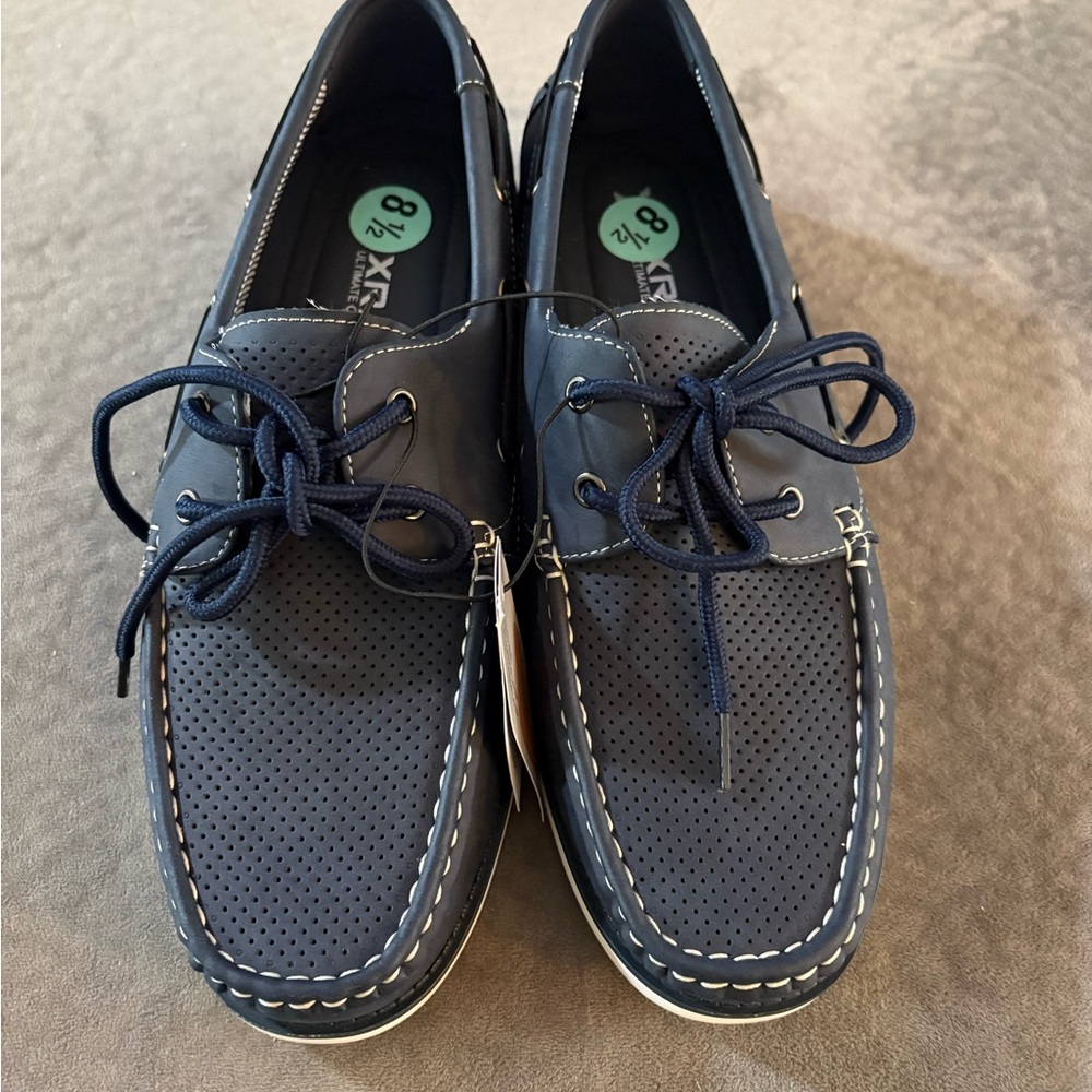 Blue Boat Shoes with Moccasin Stitching and White Sole by XRAY